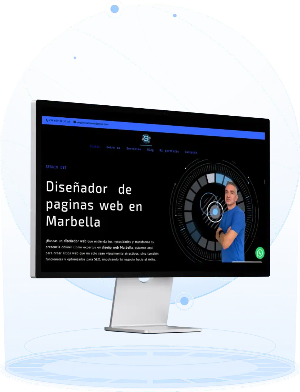 foto de Sergio el diseñador de páginas web en una pantalla ficticia